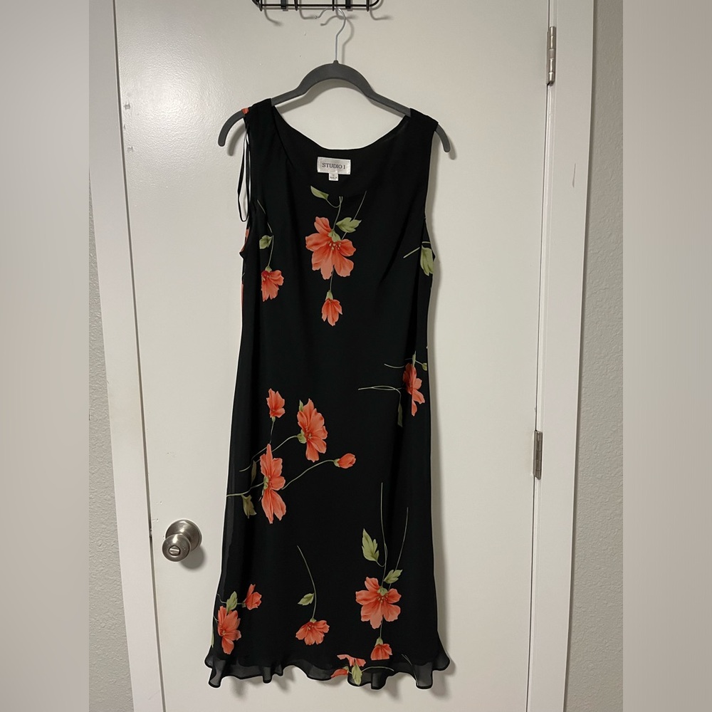 Studio I Black Midi Dress with Coral Floral Print